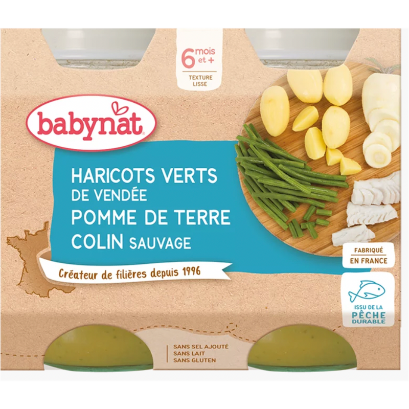 Petits pots menu haricots verts colin sauvage babynat bio - 2 x 200g - Babybio - Good marché