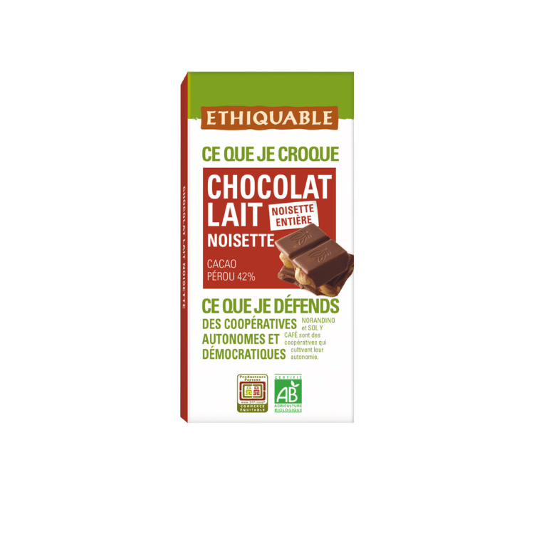 Chocolat lait 42% de cacao Noisettes entières bio - 100 g - Ethiquable - Good marché