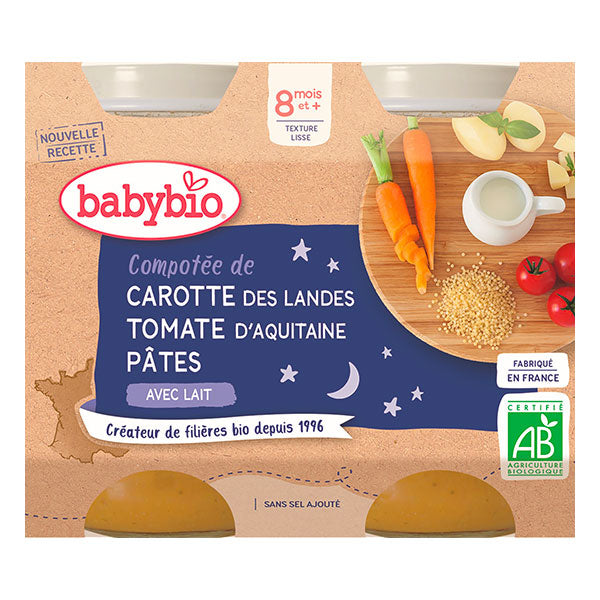 Petits pots bonne nuit compotée carotte tomates et pâtes bio - 2 x 200g - Babybio - Good marché