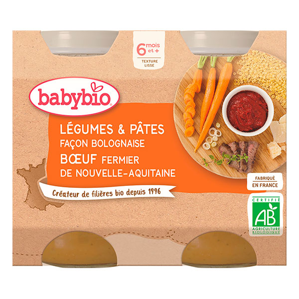 Petits pots menu légumes et pâtes façon bolognaise bio - 2 x 200g - Babybio - Good marché