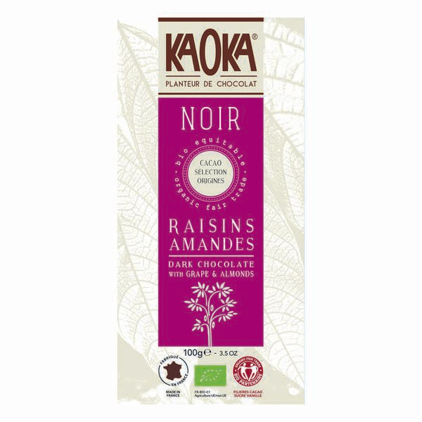 Tablette chocolat noir raisin éclats d'amandes caramélisées bio - 100g - KAOKA - Good marché