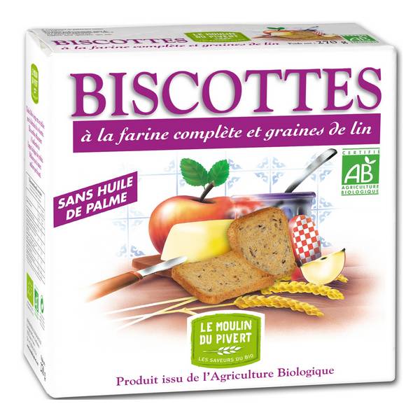 Biscottes complètes aux graines de lin bio - 270g - MOULIN DU PIVERT - Good marché