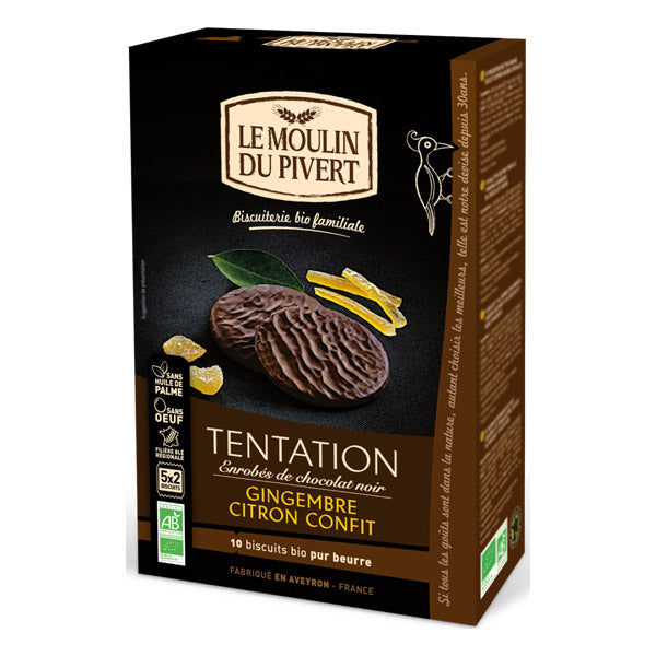 Biscuit tentation gingembre citron enrobé chocolat noir bio - 130g - MOULIN DU PIVERT - Good marché